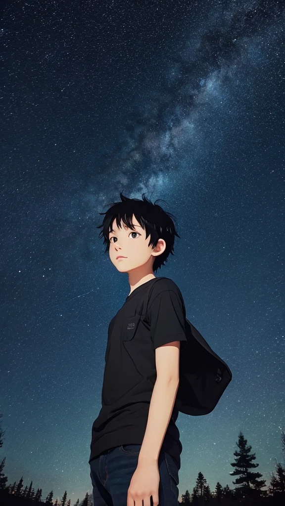 Cool black-haired boy looking at the night sky, Ghibli style