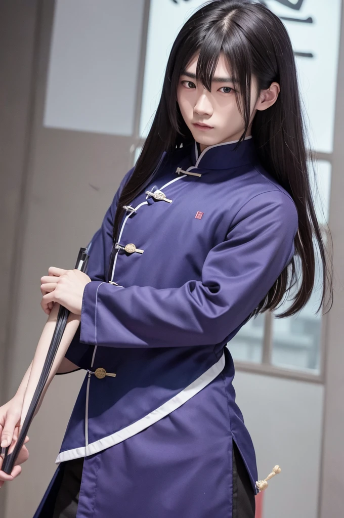 Create Chinese man with long hair and blue eyes, wearing dark purple clothes and holding a combat fan 