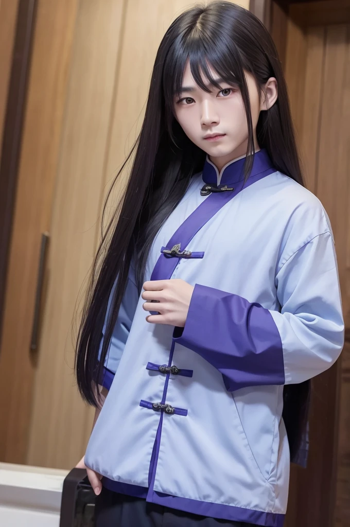 Create Chinese man with long hair and blue eyes, wearing dark purple clothes and holding a combat fan