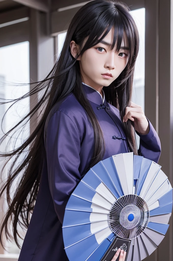 Create Chinese man with long hair and blue eyes, wearing dark purple clothes and holding a combat fan 