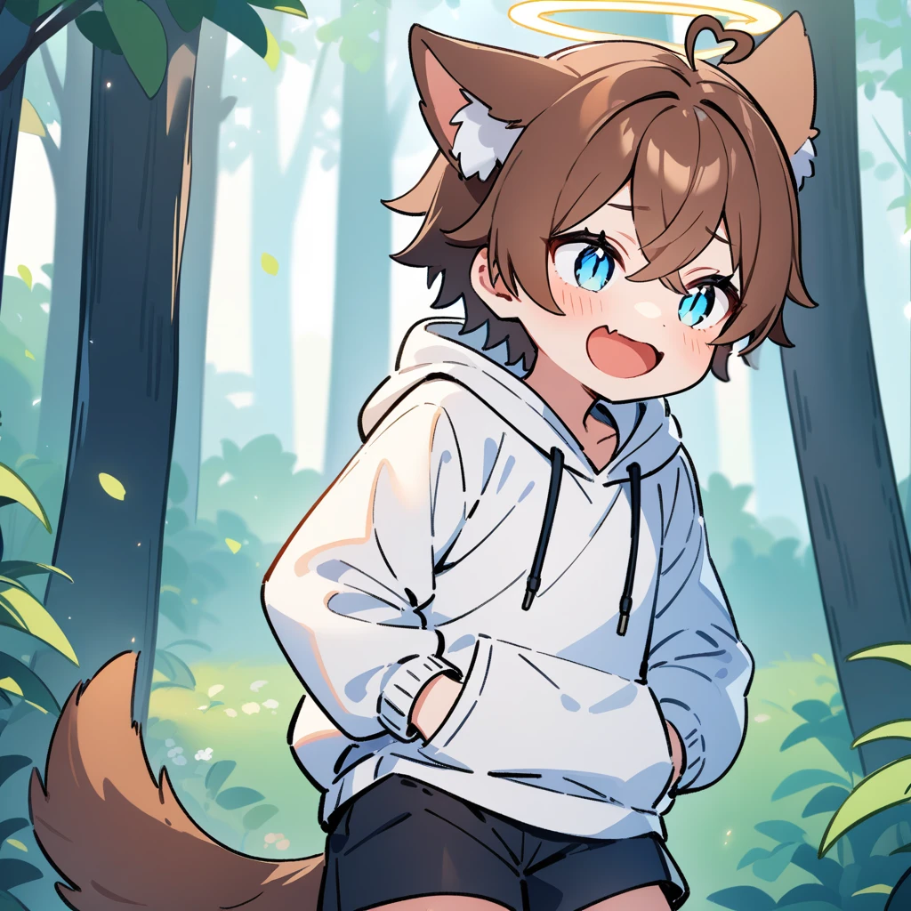 （masterpiece：1.2，high quality），4K，High resolution，A -year-boy，c boy， brown hair，short hair，crossed bangs，light blue eyes，slit pupils，heart ahoge，halo，cat ears，laughing，skin fang，Wearing a white hoodie，Black shorts，Stand in the forest，There are flowering trees on both sides.，primary scho，dog tail，（Put your hands in your pockets），（（Put your hands in your pockets））