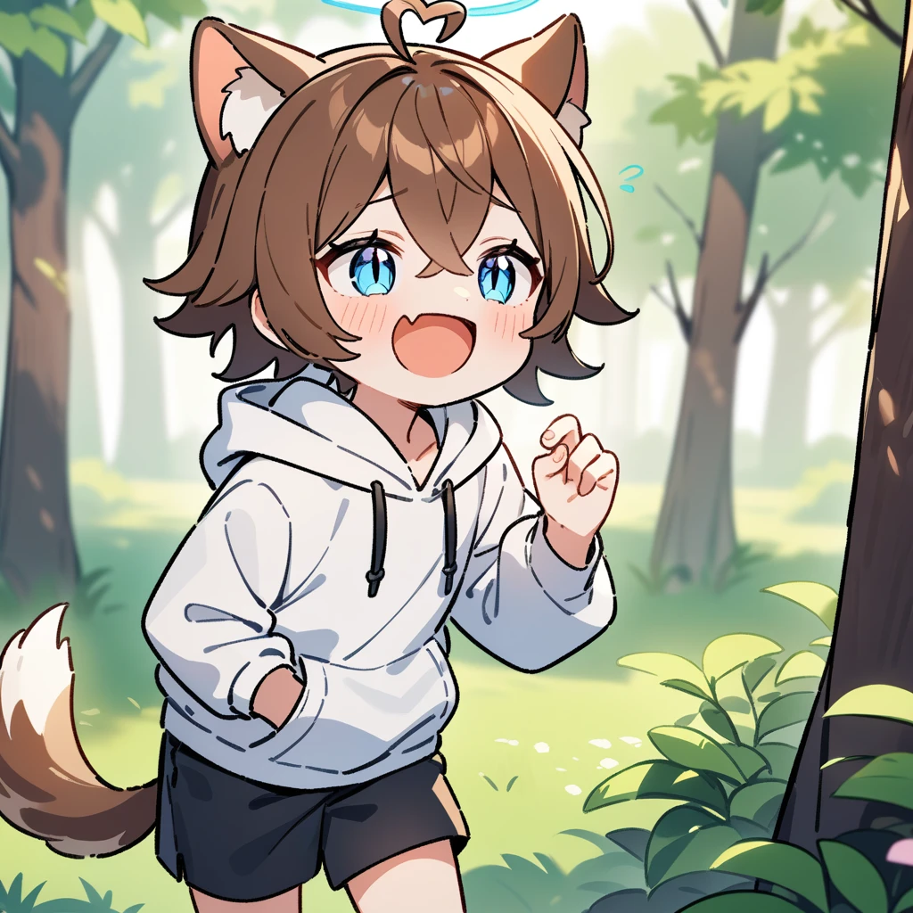 （masterpiece：1.2，high quality），4K，High resolution，A seven-year-old boy，cute boy， brown hair，short hair，crossed bangs，light blue eyes，slit pupils，heart ahoge，halo，cat ears，laughing，skin fang，Wearing a white hoodie，Black shorts，Stand in the forest，There are flowering trees on both sides.，primary school student，thigh，alone，dog tail，（Put your hands in your pockets），（（Put your hands in your pockets））