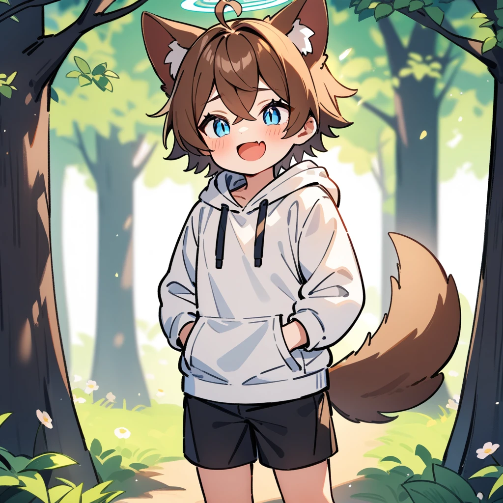 （masterpiece：1.2，high quality），4K，High resolution，A seven-year-old boy，cute boy， brown hair，short hair，crossed bangs，light blue eyes，slit pupils，heart ahoge，halo，cat ears，laughing，skin fang，Wearing a white hoodie，Black shorts，Stand in the forest，There are flowering trees on both sides.，primary school student，thigh，alone，dog tail，（Put your hands in your pockets），（（Put your hands in your pockets））