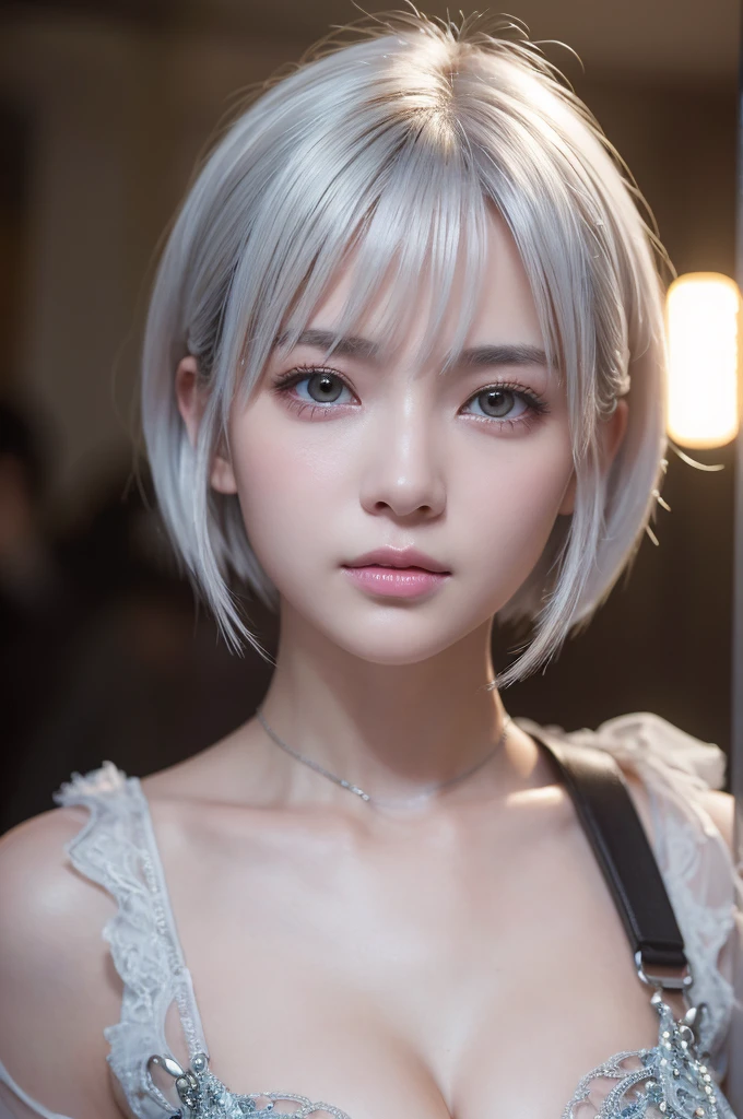 highest quality、8k Masterpiece、超A high resolution、(Photorealistic:1.3)、RAW Photos、1 girl、Silvery white hair、Glowing Skin、1. Super-beautiful Cyberpunk Soldiers、((Ultra-Realistic Details))、Portrait、Global Illumination、Shadow、Octane Rendering、8k、Super sharp、Beautiful breastetal、Cold colors、、Very intricate details、Realistic Light、CGSoation Trend、Beautiful Eyes、Shining Eyes、To the camera、Neon Details、20age、Very Short Hair、Too beautiful face、Intelligence、Obscene、Sexy、Moe、smile