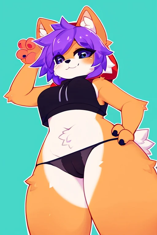 by jinxit, sketch outlines, sketch lines, high quality, high res, female, cat, feline, anthro, biped, orange body, Orange a purple hair, black sclera, white iris, fluffy ears, cheek tuft, short maw, short muzzle, big eyes, long bottom eyelids, cat nose, 4fingers, black choker, black thin panties, hips, thighs, black nails, bedroom_eyes, sleepy eyes, croptop, hoodie croptop, ear going through cap, cap on, hood on, cap up, hood up, underboob view, low angle view, slut vibes, smirk, hands on hips, fluffy, fluff, nsfw
