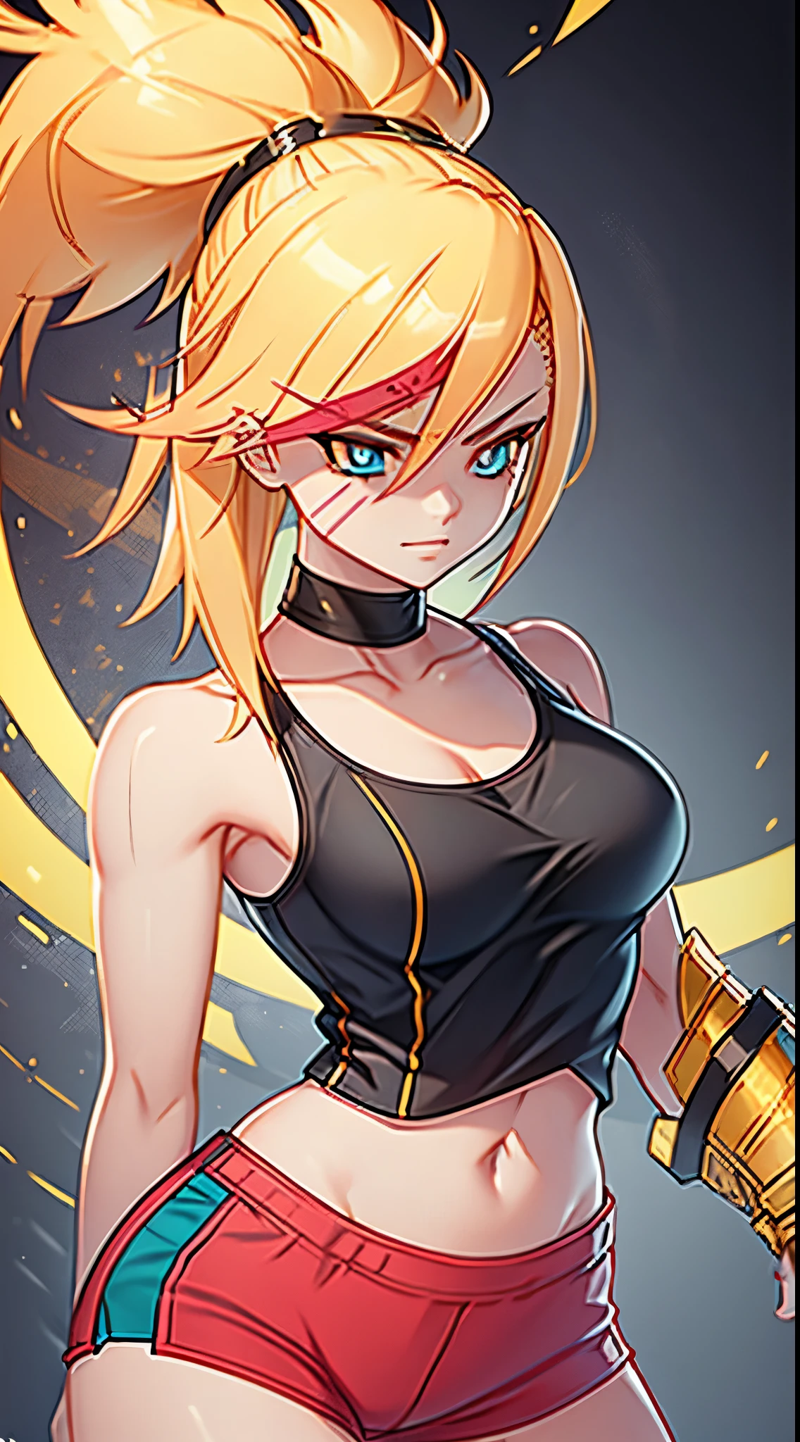 young girl,  ultrs long blonde hair, Hairpin with a bundle, turquoise eyes, Yakuza tattoos, red tight uniform, Sleeveless, Wide neckline on the chest to the abdomen, Gold Elements, Red gold armor, Shorts, claws, smirk, Masterpiece, hiquality, 4k, HD, Good detail