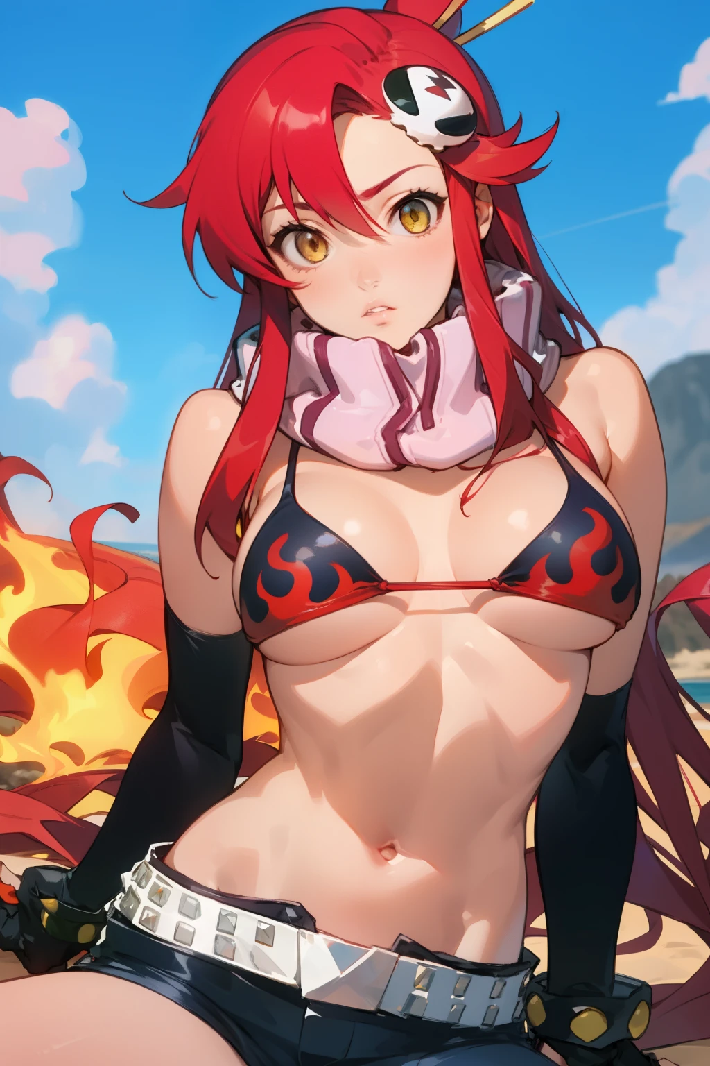 1girl, bikini, breasts, gloves, flame print, hair ornament, long hair, red hair, scarf, shorts,  blank face, parted lips, yellow eyes(empty eye), yoko littner, yokoli, best quality, masterpiece, sky,