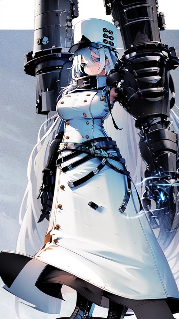 A woman wearing a white military uniform,vivid-blue eyes, busty, white military hat, large heavy mechanical arms, white wavy hair And expressive eyes