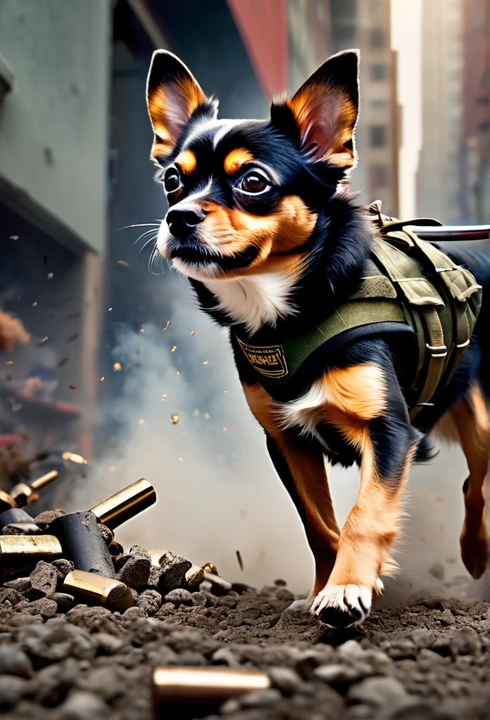 **Title:** "Rocky's Battle: Little Dogs vs. Humans"

**Genre:** Epic Action War Film

**Visual Description:**
Imagine a modern battlefield engulfed in chaos and destruction, where small dogs face off against humans in a fierce fight. The small dogs, dressed in modern camouflage combat uniforms, bravely battle alongside cats on the front lines. Guns are blazing, bullets are flying, fires are raging, smoke is billowing, and explosions rip through the ground, sending debris flying everywhere. The film grain effect adds a realistic cinematic touch to the scene, which is captured in insanely detailed 8K UHD resolution.

The composition is epic, blending dramatic and intense elements to showcase the courage of the small dogs, reminiscent of Rocky's indomitable spirit, as they face challenges and defy the odds. This stunning image is worthy of an award-winning movie poster, capturing the epic battle between dogs and humans.

**Tagline:**
"Small Strength, Big Heart: Little Dogs Against Humans"