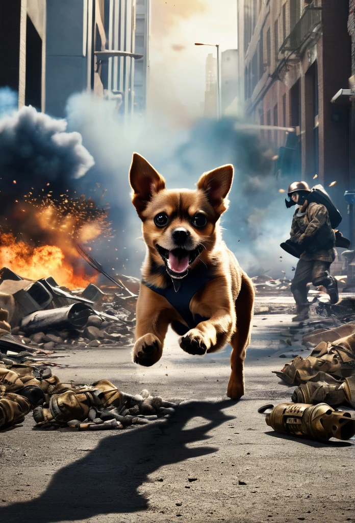 **Title:** "Rocky's Battle: Little Dogs vs. Humans"
**Genre:** Epic Action War Film
**Visual Description:**
Imagine a modern battlefield engulfed in chaos and destruction, where small dogs face off against humans in a fierce fight. The small dogs, dressed in modern camouflage combat uniforms, bravely battle alongside cats on the front lines. Guns are blazing, bullets are flying, fires are raging, smoke is billowing, and explosions rip through the ground, sending debris flying everywhere. The film grain effect adds a realistic cinematic touch to the scene, which is captured in insanely detailed 8K UHD resolution.
The composition is epic, blending dramatic and intense elements to showcase the courage of the small dogs, reminiscent of Rocky's indomitable spirit, as they face challenges and defy the odds. This stunning image is worthy of an award-winning movie poster, capturing the epic battle between dogs and humans.
**Tagline:**
"Small Strength, Big Heart: Little Dogs Against Humans"