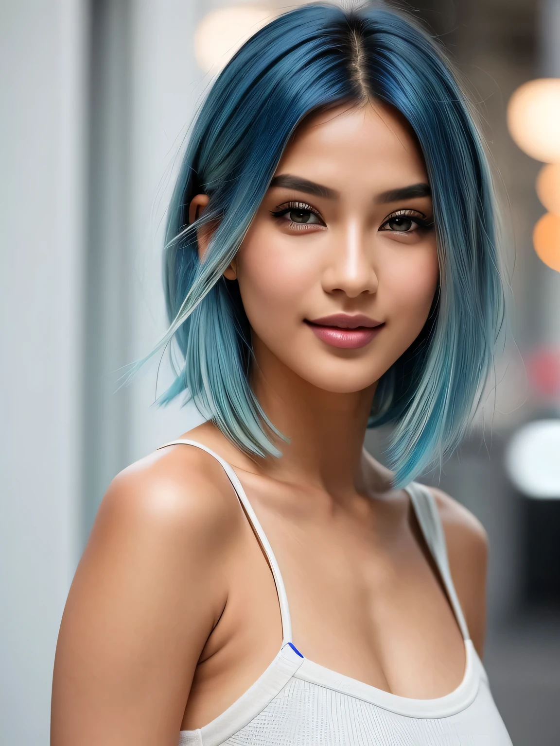 (blue hair:1.4), short hair, realistic green eyes, cobalt hair, long bob hair, tousled hair, shoulder length hair, Full body, woman with white skin and Asian features, 24 year old, big breast. She has a small, elegant nose with a slight upward curve at the tip. Her lips are full and naturally pink, with a well-defined Cupid's bow. Her teeth are straight and white, enhancing her captivating smile. Her face has an oval shape with high cheekbones that add to her model-like appearance. (crack), detailed (texture!, shine, color!!, flaws: 1.1), highly detailed glowing eyes, (looking at camera), specular light, dslr, extreme quality, crystal clear, cute face, detailed skin pores, oil Dark skin, brown, complex eye details, she is far from the camera, A full-body portrait, captured from a distance. Dynamic Frame, 8K, Look at the viewer, close look, Magnetic Morphing Attire: A modular dress with magnetic components that can be rearranged to create different looks, allowing for a versatile and customizable wardrobe. , different colors seductive outfit, Just sexy
, (short hair:1.3)