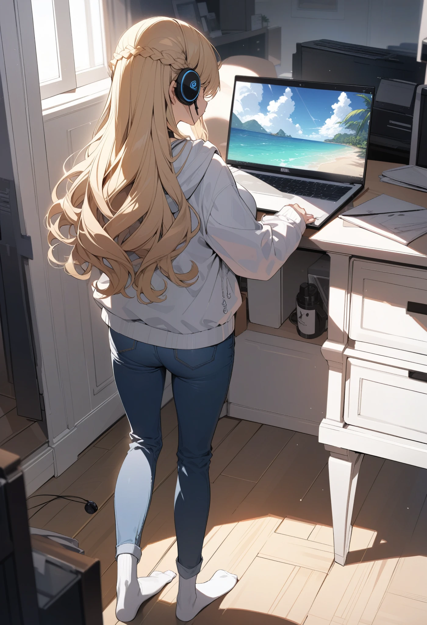 masterpiece, best quality, extremely detailed, ultra detailed, flat anime, 2D,
1girl, (young adult:1.2),blonde hair, (semi-long hair:1.2), curly hair, french braid, medium breasts, tsurime, height 1.7meters, 
white hooded sweatshirt, jeans,  earring,bracelet, long sleeves, ((Bluetooth small earphone)),socks,
Back view of a laptop computer,Operating a laptop computer,
from behind, full body, 
summer, livingroom, 12AM., standing