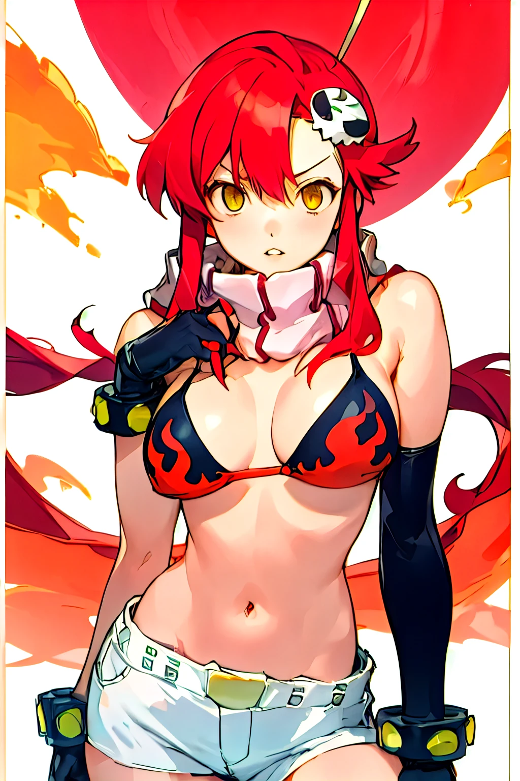 1girl, bikini, breasts, gloves, flame print, hair ornament, long wave hair, red hair, scarf, shorts,  blank face, parted lips, yellow eyes(empty eye), yoko littner, yokoli, best quality, masterpiece, sky, weakly, standing, 