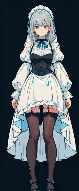 (long beautiful gray hair) cyan eyes, (Eyes behind long bangs) breasts big, standing pose, hands behind the back, (wearing stockings) perfect beautiful and shiny cyan shoes (Wearing luxurious black palace maid clothes Perfect perfect noble) side pose (Girl1, straight, gray hair that is not too long, bangs covering one eye, soft face, kind smile) grays long hair, beautiful cyan eyes (sitting pose, right hand down, Left hand down, leaning posture, just smile, (Fundo branco em branco) wearing a black corset, (Using a beautiful bright blue ribbon) Kawai shy cute eyes (black shoes should be shiny, Must wear short white socks) Wrists must be completely bare, without a single piece of cloth covering either side Wrists must be completely bare, without a single piece of cloth covering either side Wrists must be completely bare, without a single piece of cloth covering either side, The bangs perfectly cover the left toe eye, Long bangs cover the left eye, black maid shirt long sleeves, cara fria, royal minister, standing pose