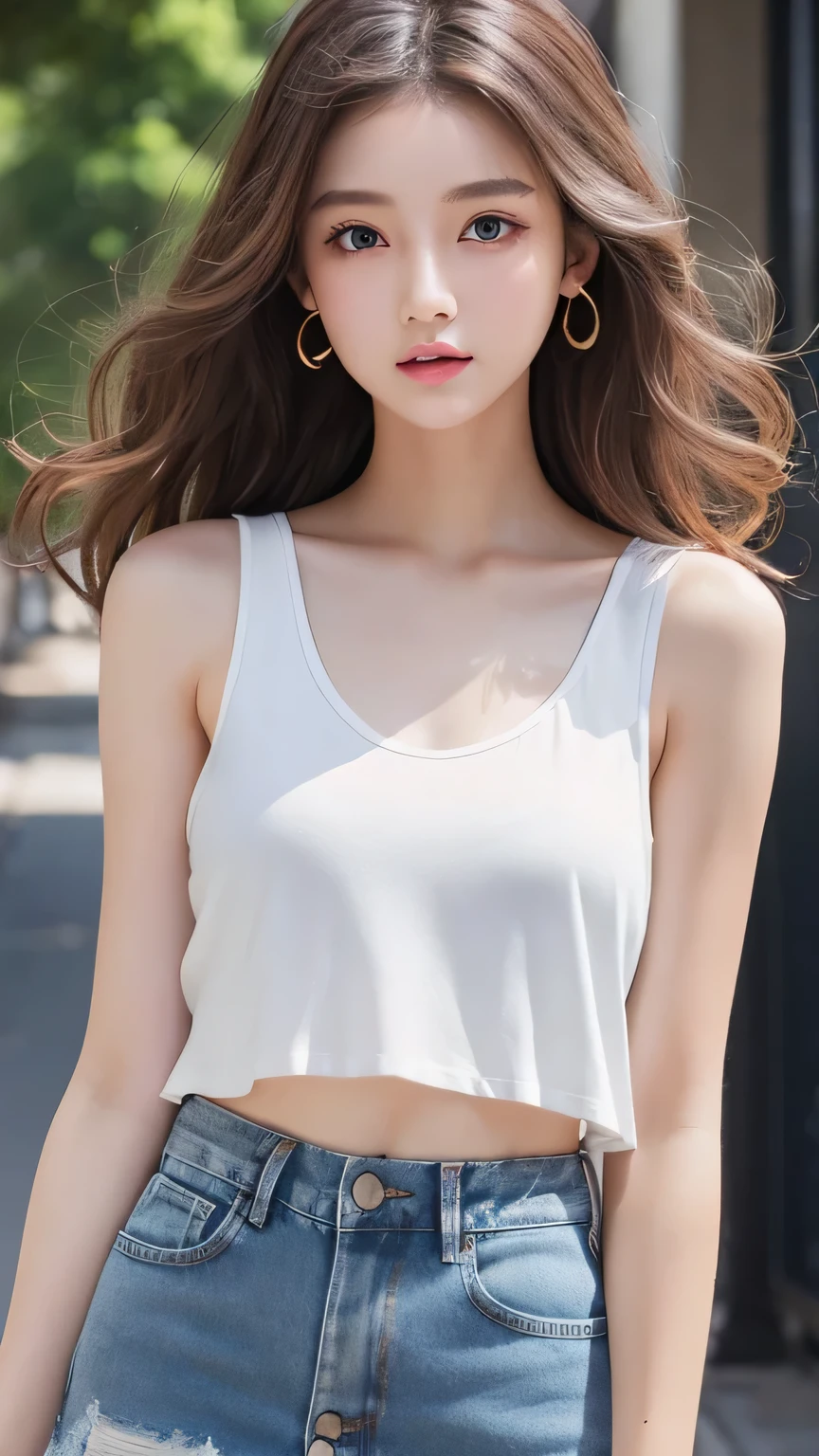 highest quality、Realistic、girl、zoom、Gray Eyes、Chestnut curly hair、White tank top、Denim mini skirt、slender、Dark Skin、Bust Shot、