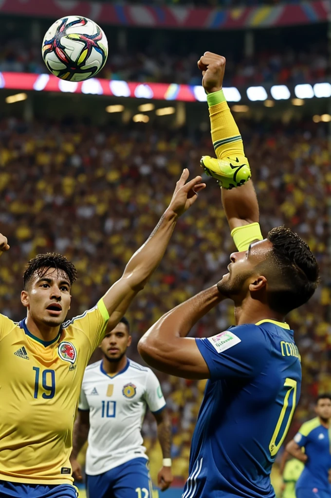 Create an image of Colombian soccer players lifting the Copa América