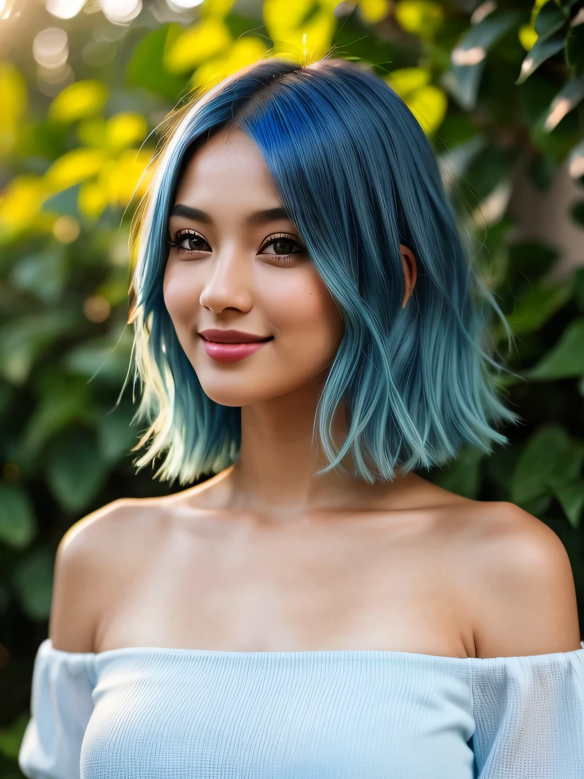 (blue hair:1.4), short hair, realistic green eyes, cobalt hair, long bob hair, tousled hair, shoulder length hair, Full body, woman with white skin and Asian features, 24 year old, big breast. She has a small, elegant nose with a slight upward curve at the tip. Her lips are full and naturally pink, with a well-defined Cupid's bow. Her teeth are straight and white, enhancing her captivating smile. Her face has an oval shape with high cheekbones that add to her model-like appearance. (crack), detailed (texture!, shine, color!!, flaws: 1.1), highly detailed glowing eyes, (looking at camera), specular light, dslr, extreme quality, crystal clear, cute face, detailed skin pores, oil Dark skin, brown, complex eye details, she is far from the camera, A full-body portrait, captured from a distance. Dynamic Frame, 8K, beautiful, realistic, scenic view from Europe, looking at viewer, full body shot , ruby floral print, mmdsy, micro mini dress, bare shoulders,strapless, long sleeves
, (short hair:1.3)