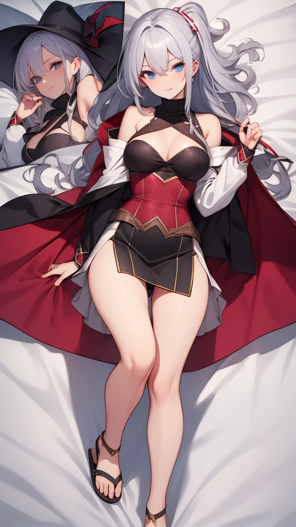 masterpiece, best quality, solo girl, full body, silver hair, blue eyes, long hair, medium breasts, sexy body and face, wavy hair, smile, parted lips, red lips, circlet, skirt, bridal gauntlets, jewelry, cape, bare shoulders, sandals, sleeveless dress, red cape, long sleeves, wide sleeves, side slit, white dress, detached sleeves, turtleneck, ribbon, pink dress, fingerless gloves, cafe, sexy pose, cowboy shots, detailed body, face, and eyes, sharp focus, vibrant, creative, dynamic, high definition, high resolution, 8k, (Upscale: R-ESRGAN 4x+ Anime6mage enchance:4x), voluptuous body, cinema lightning, dakimakura style, looking at the viewer, 