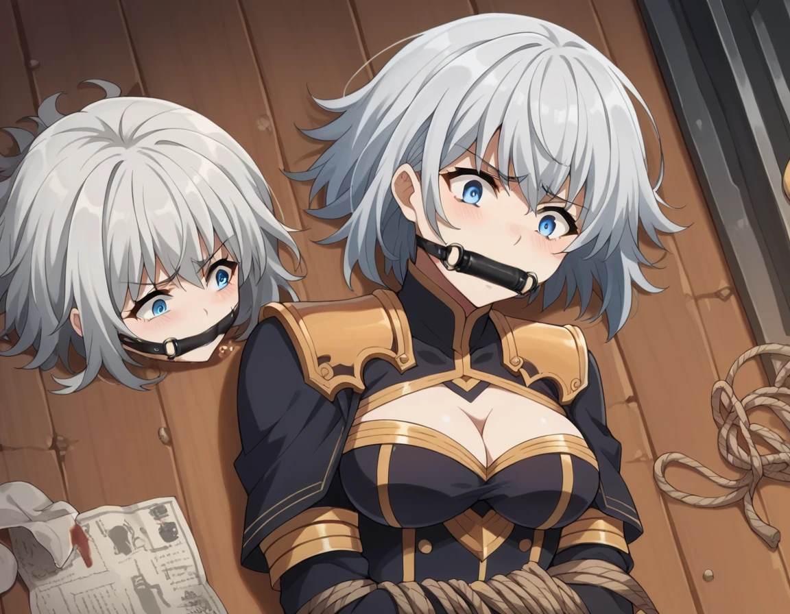 score_9, score_8_superior, score_7_superior, sauce_anime,
shadowbeta, beta, short hair, blue eyes, Braiding, Grey Hair, Painful expression,
gloves, Cleavage, armor, Clothing cutouts, Cleavage cutout,Tied up with rope,gag,Lying down,Struggling,