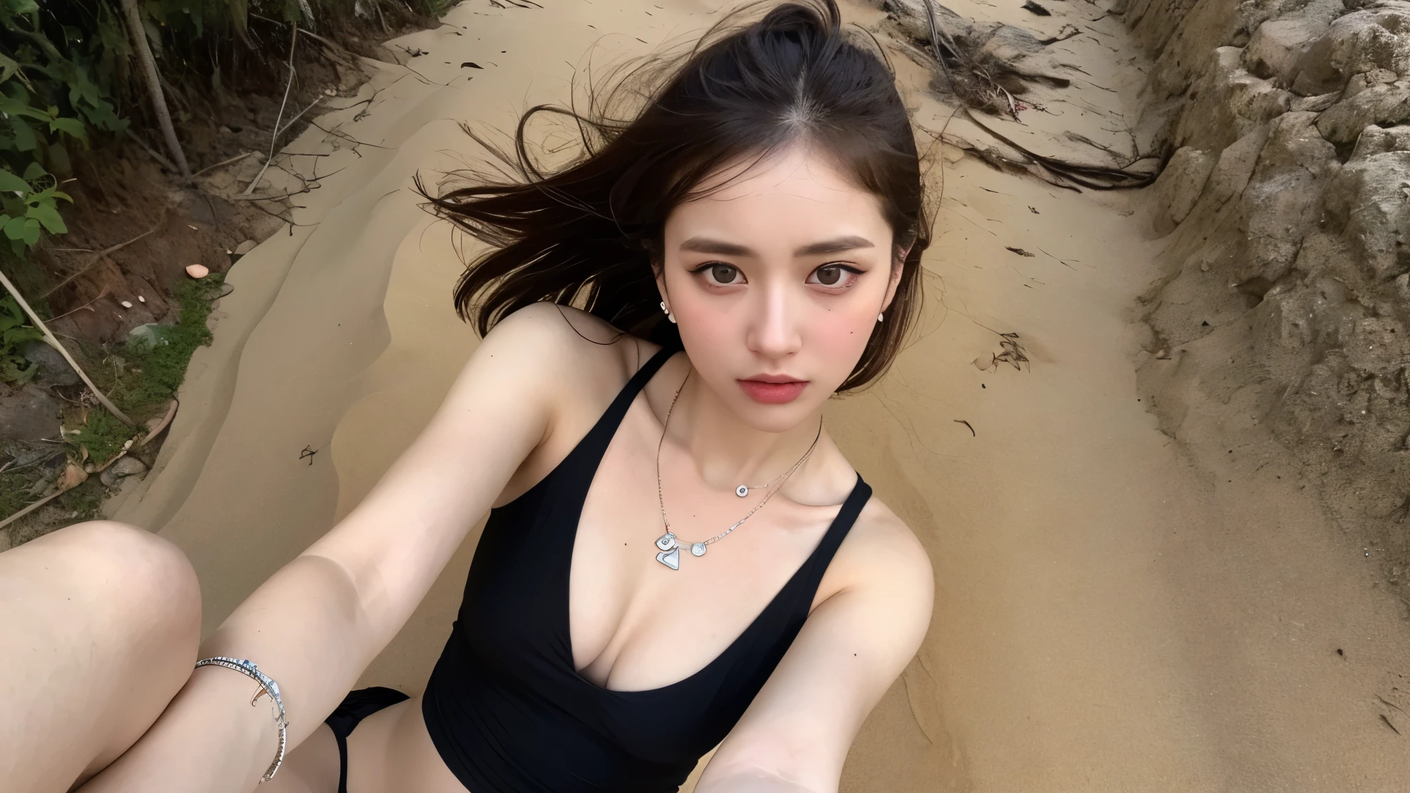 ((Photorealistic lighting, highest quality, 8k, masterpiece:1.3)), clear focus:1.2, viewer discretion advised (New South Wales) (New South Wales) (New South Wales):1.2, ((realistic)), ((natural light, highest quality)), model-like figure:1.4, (dark brown hair, chest out:1.2), short hair, setting, solo woman, (25 years old:1.3), highly detailed face, detailed eyes, double eyelids, necklace, wristband, eyeliner, colorful bikini, legs apart, sexy pose, (large), (black dress), (seaside, beach, sandy shore, drinking alcohol)