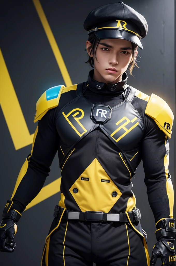 I want a male character with a black cap with an R on the front in yellow and the chest looking like a robot with blue dots coming out