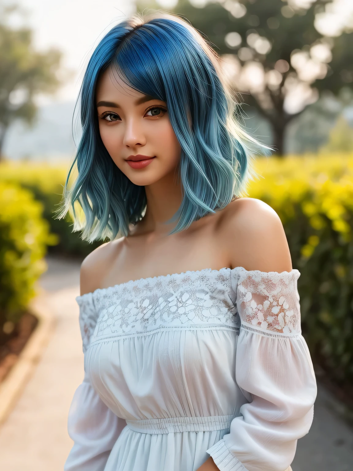 (blue hair:1.4), short hair, realistic green eyes, cobalt hair, long bob hair, tousled hair, shoulder length hair, Full body, woman with white skin and Asian features, 24 year old, big breast. She has a small, elegant nose with a slight upward curve at the tip. Her lips are full and naturally pink, with a well-defined Cupid's bow. Her teeth are straight and white, enhancing her captivating smile. Her face has an oval shape with high cheekbones that add to her model-like appearance. (crack), detailed (texture!, shine, color!!, flaws: 1.1), highly detailed glowing eyes, (looking at camera), specular light, dslr, extreme quality, crystal clear, cute face, detailed skin pores, oil Dark skin, brown, complex eye details, she is far from the camera, A full-body portrait, captured from a distance. Dynamic Frame, 8K, beautiful, realistic, scenic view from Europe, looking at viewer, full body shot , ruby floral print, mmdsy, micro mini dress, bare shoulders,strapless, long sleeves
, (short hair:1.3)