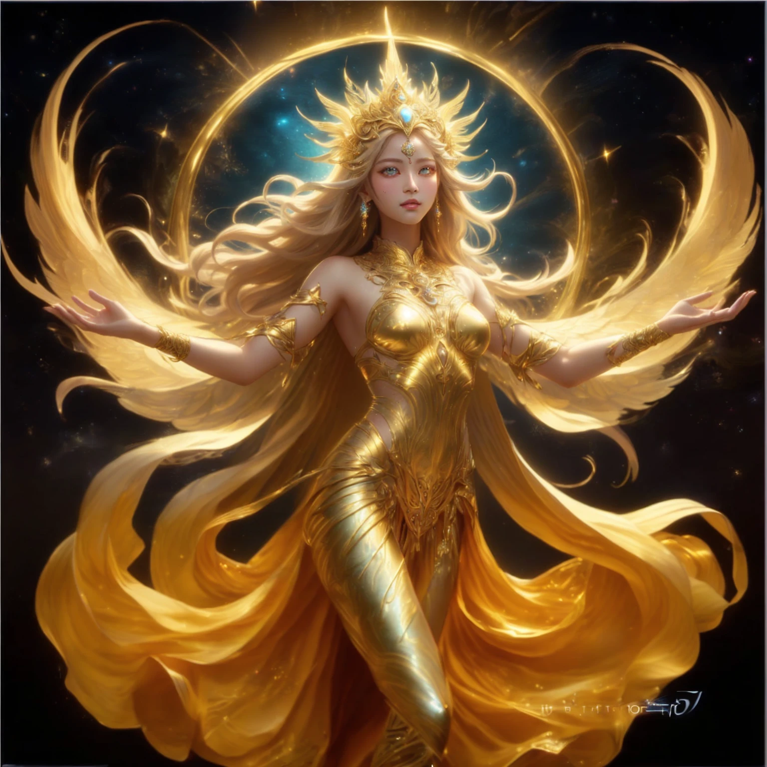 Supermodel Indian woman with wings and body covered in gold,Fine Indian gold jewelry , golden dress , Fantasy art style, Jewel set, High quality 8K detailed artwork., Like a mysterious Valkyrie, digital fantasy art ), angel on the star, Intricate, luxurious CGI style realistic anime., Ethereal fantasy, 2. 5d cgi anime fantasy artwork, Ross Tran 8 g, fantasy anime illustration, Ross Tran and WLOP , deep blue eye,
