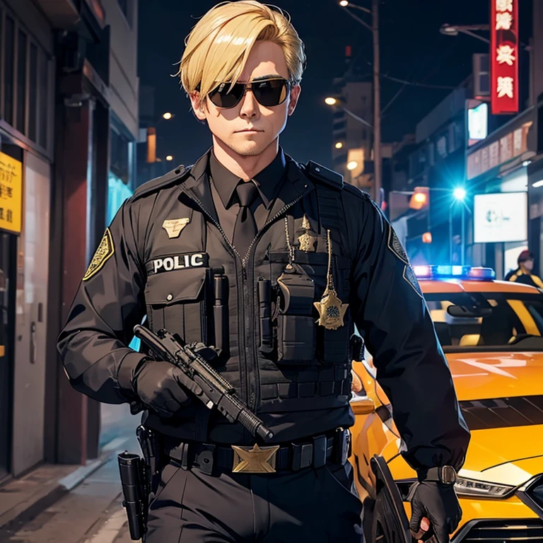 Corrupt police officer with sunglasses and a scar on his left eye horizontally , wearing a bulletproof vest and police clothing, holding a pistol, 独奏, hair blonde, On patrol