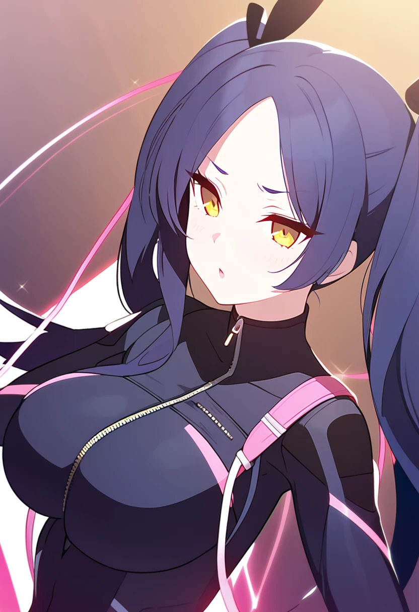 Beautiful woman, Very sexy body, Large breasts with beautiful detailed shapes, (One very tall woman,Navy Blue Hair,Her hairstyle is twin tails that expose her forehead.,yellow eyes,Dynamic Angle)A black bodysuit with pink lines, with a zipper open on the chest to reveal skin
