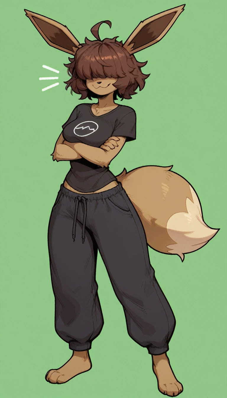 Excited expression, 1girl, anthro, furry, fur, fluffy fur, eevee girl, brown hair, short hair, messy hair, (19 years), medium breast, thicc thighs, solo, (green background), detailed, smug smile, (hair covering eyes), black shirt, baggy pants (black pants), looking at the viewer, crossed arms, (full body), score_9, score_8_up, score_7_up, score_6_up, score_5_up, score_4_up