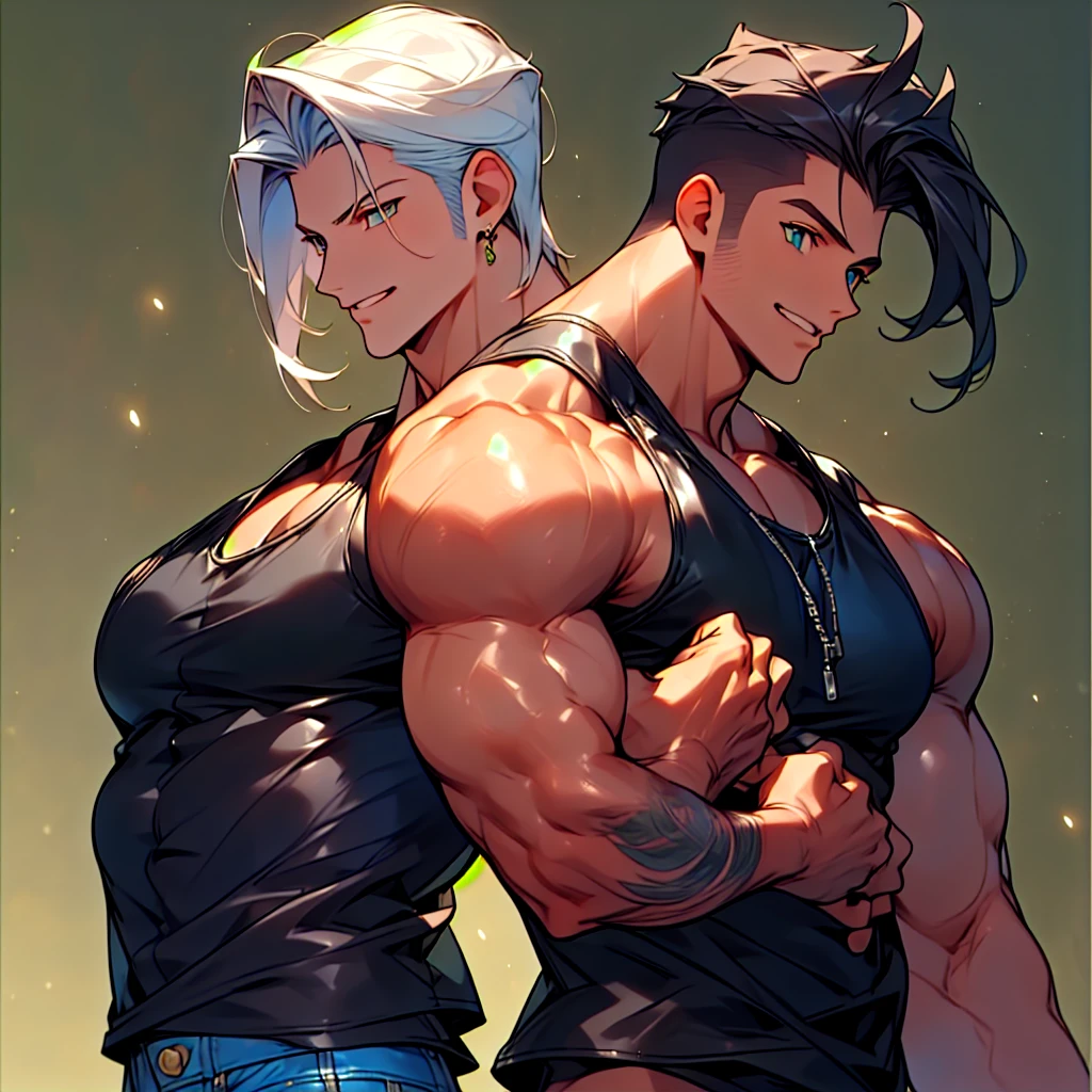 highres,High quality,(Beautiful), ((masterpiece)),(naughty man) (cabelos brancos) (Eyes verde) (muscled body) (wears a black leather jacket) (White tank top) (blue jeans) (sujo de sangue) (sorriso sádico e debochado)