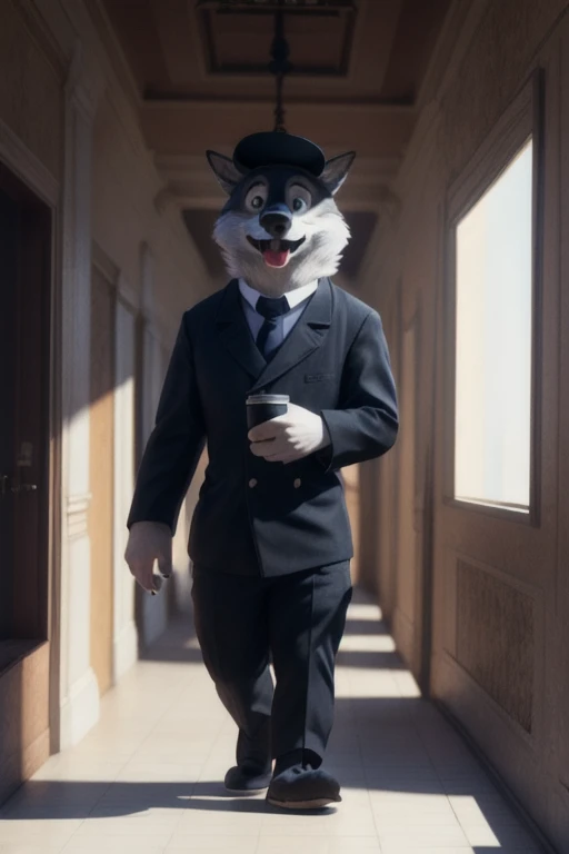 cute cartoon of a (gary \(zootopia\)) using a small black coke hat 19th century, wearing black worker uniform, solo, wolf, white fur, tongue out, full body image, walking, building hallway background, (intricate, high detail, film photography, soft focus, RAW candid cinema, photorealism, realistic, photorealistic, analog style, subsurface scattering, masterpiece, best quality, ultra realistic, 8k), profile picture