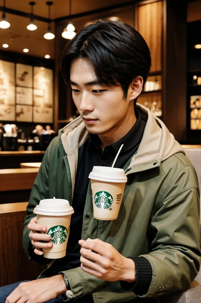 Masterpiece, best image,korean,1guy,Starbucks,dating,holding coffee,,seating,Wearing black jacket