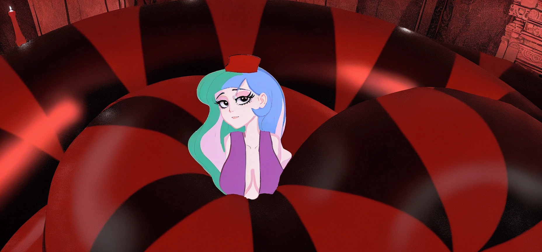 anime girl in a red and black striped dress standing in a giant red and black striped ball, in a crashed spaceship, big tentacle sneak around, very sad medusa, holding a pudica pose, in a throne room, fan art, sitting on obsidian throne, some tentacles are touching her, pudica pose, hologram hovering around her, evil princess