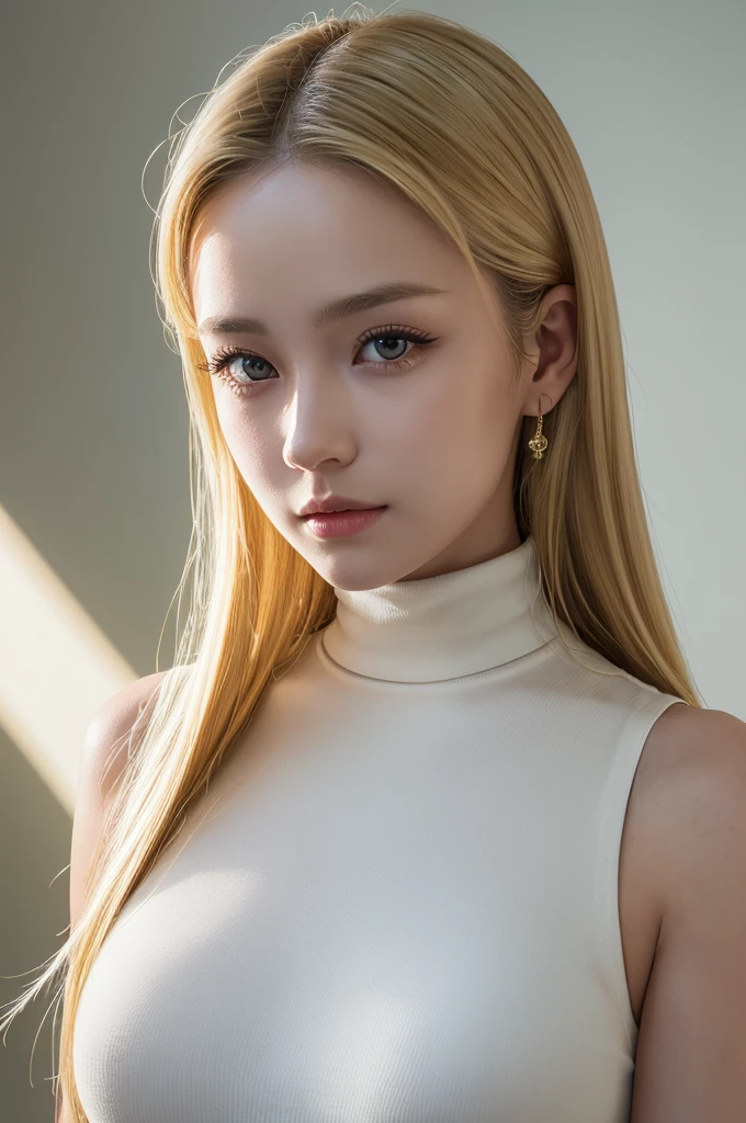 (((forehead、High neck sleeveless、Blonde、long hair)))、Highest quality、8k Masterpiece、Ultra-high resolution、(Realistic:1.3)、RAW Photos、1 girl、White Blonde、Blonde、Glowing Skin、((Ultra-Realistic Details))、Portraiture、Global Illumination、Shadow、Octane Rendering、8k、Ultra Sharp、Beautiful breasts、Cool colors、、Very intricate details、Realistic Light、CGSoation Trend、Beautiful Eyes、Shining Eyes、To the camera、Neon Details、２０Year、short hair