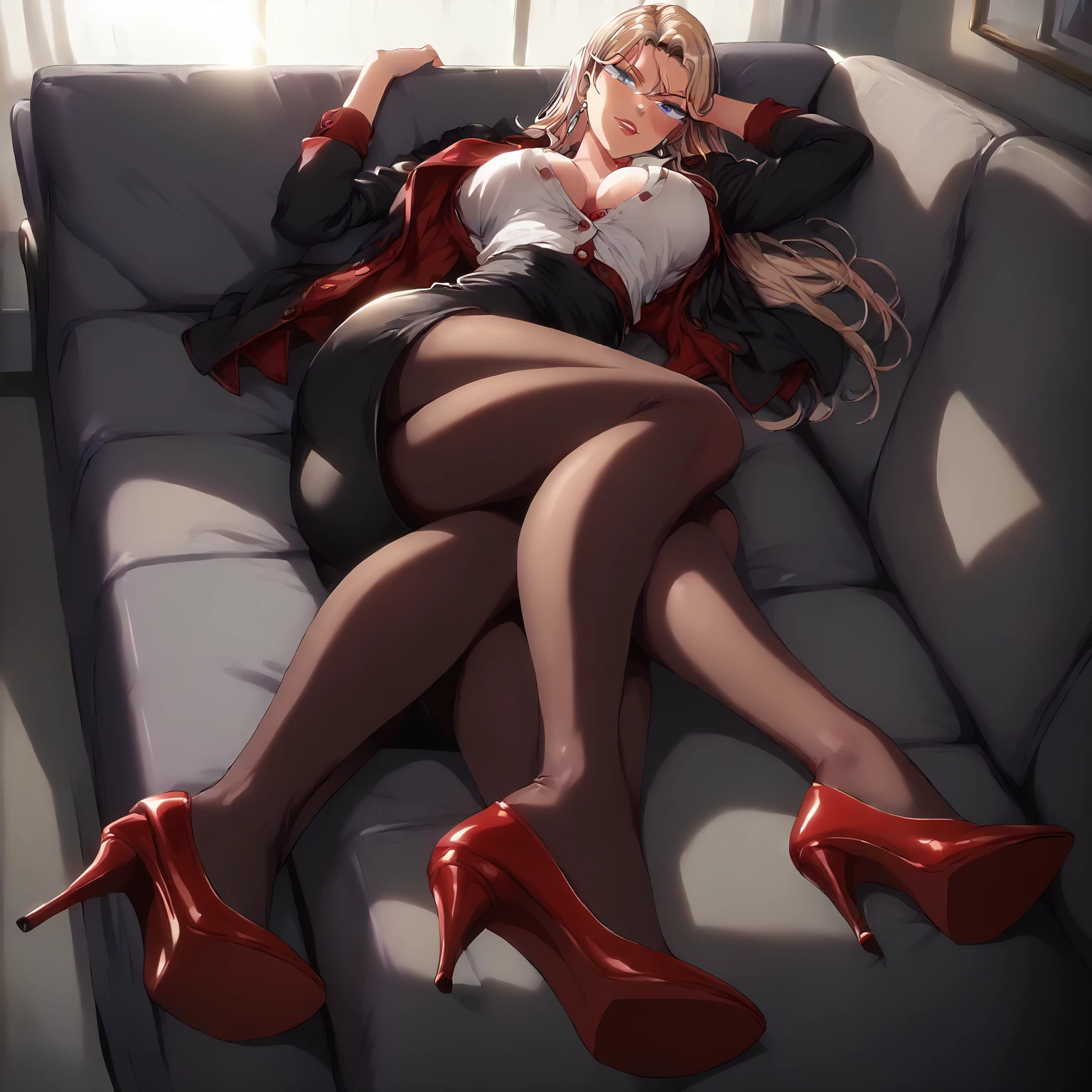 (solo), Reika Kurashiki, 1girl, blonde hair, long hair, blue eyes, earrings, large breasts, indoors, full body, looking at viewer, ((wearing red colored pencil skirt, wearing black pantyhose, wearing red colored buttoned up office jacket with white undershirt, wearing red high heels)), laying in office couch, in personal office, sunset lighting, mouth slightly open,