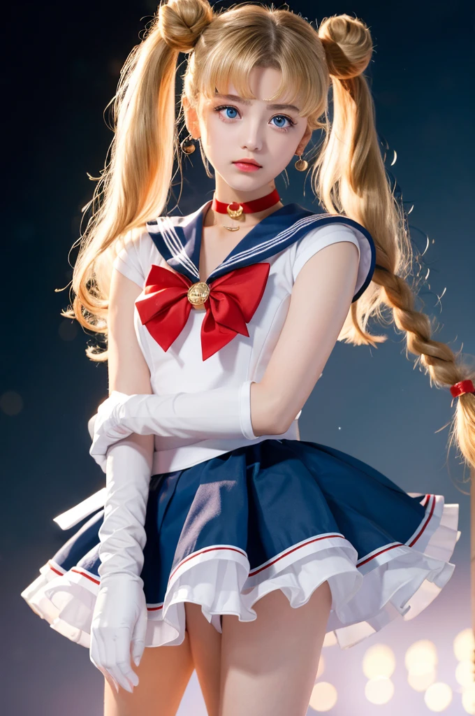 masterpiece, Highest quality, Sailor Moon,One girl, Long Hair,jewelry, Sailor Warrior Uniform, Blue sailor collar,Blonde, Red choker,White gloves, Twin tails, Red Bow, Blue Skirt, blue eyes, Hair Bun,