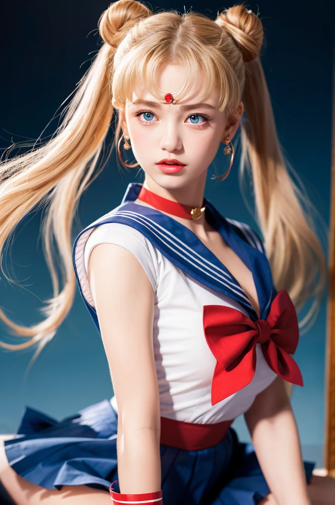 masterpiece, Highest quality, Sailor Moon,One girl, Long Hair,jewelry, Sailor Warrior Uniform, Blue sailor collar,Blonde, Red choker,White gloves, Twin tails, Red Bow, Blue Skirt, blue eyes, Hair Bun,