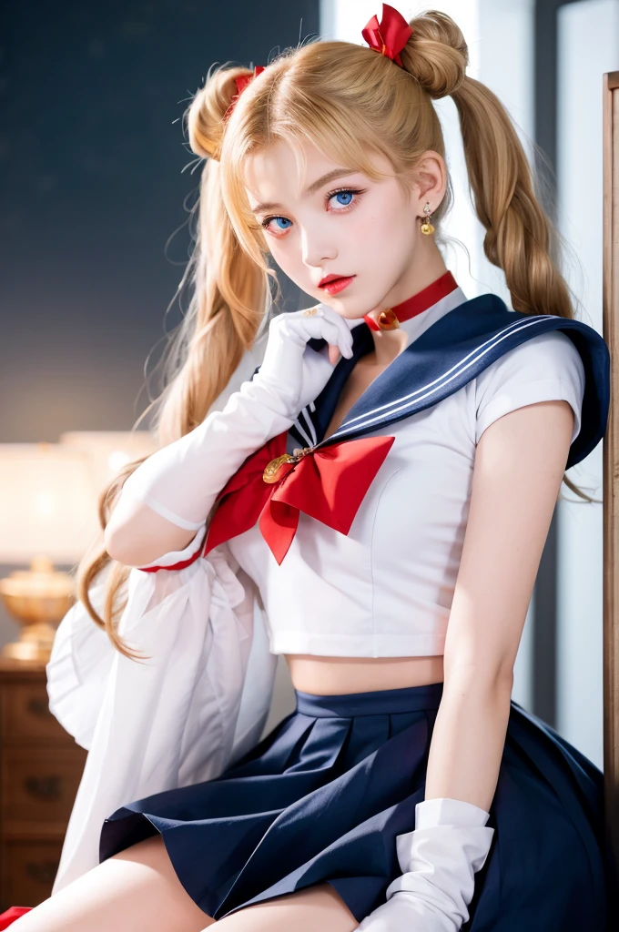 masterpiece, Highest quality, Sailor Moon,One girl, Long Hair,jewelry, Sailor Warrior Uniform, Blue sailor collar,Blonde, Red choker,White gloves, Twin tails, Red Bow, Blue Skirt, blue eyes, Hair Bun,