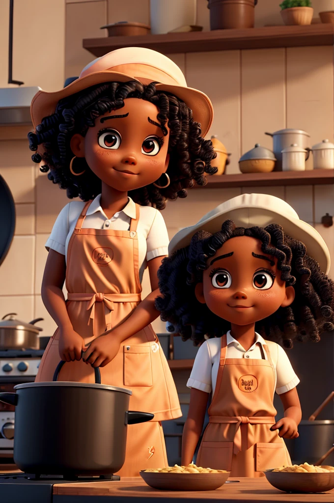 Two black dolls with curly hair cooking with apron and hat