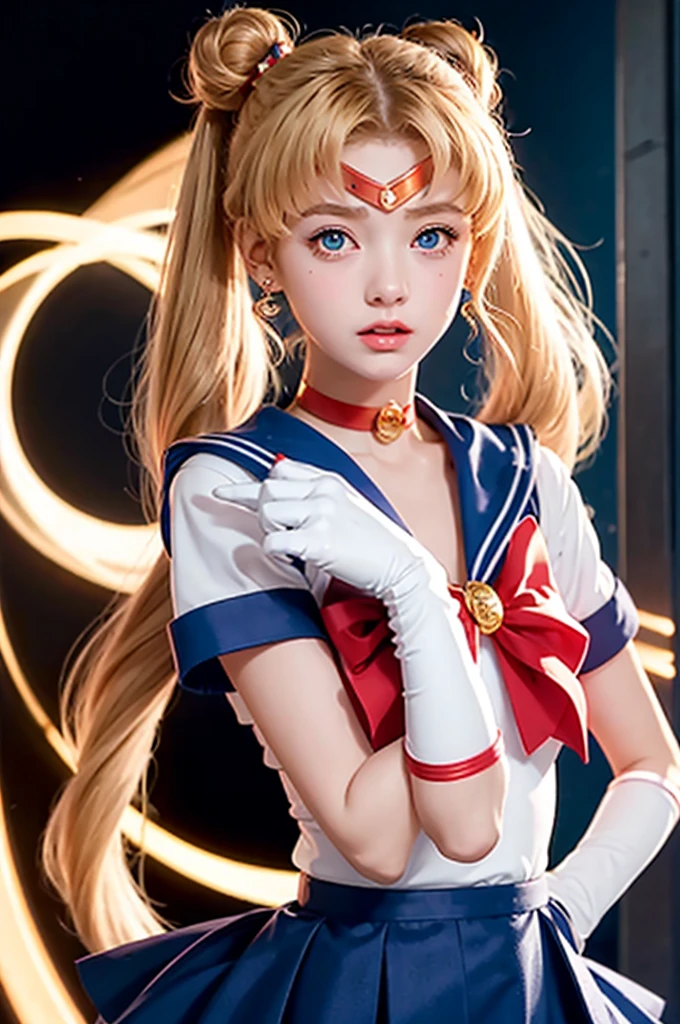 masterpiece, Highest quality, Sailor Moon,One girl, Long Hair,jewelry, Sailor Warrior Uniform, Blue sailor collar,Blonde, Red choker,White gloves, Twin tails, Red Bow, Blue Skirt, blue eyes, Hair Bun,