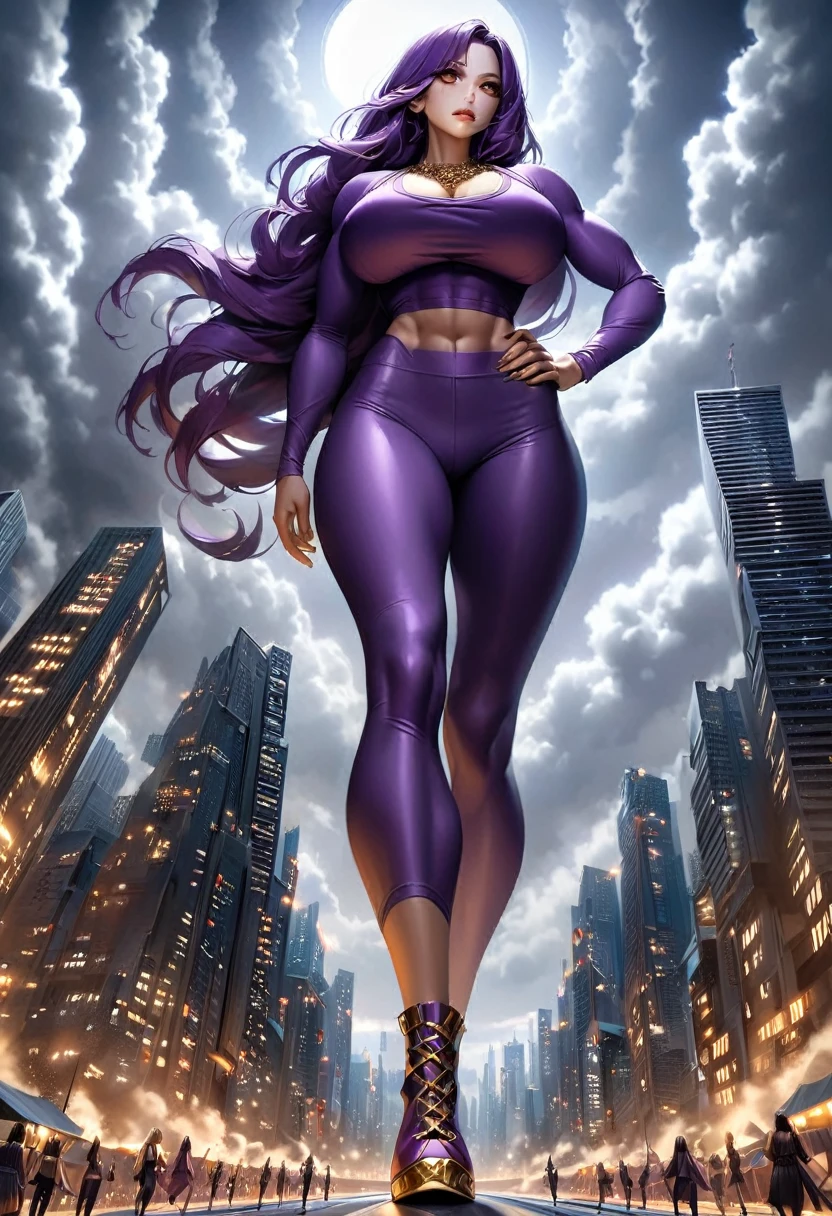 Towering Giantess, purple tight yoga pants, purple tight crop top, high heels, toned and athletic, massive strength, really big breasts, gold eyes, deep purple long hair, gold jewellery, superior expression, strolling through a tiny city, smoke and clouds roil around her, epic scale and drama, dark gloomy lighting, realistic, tense and ominous atmosphere, majestic, powerful, goddess, perspective from below, hand on hip, looking downwards. Fullbody. 