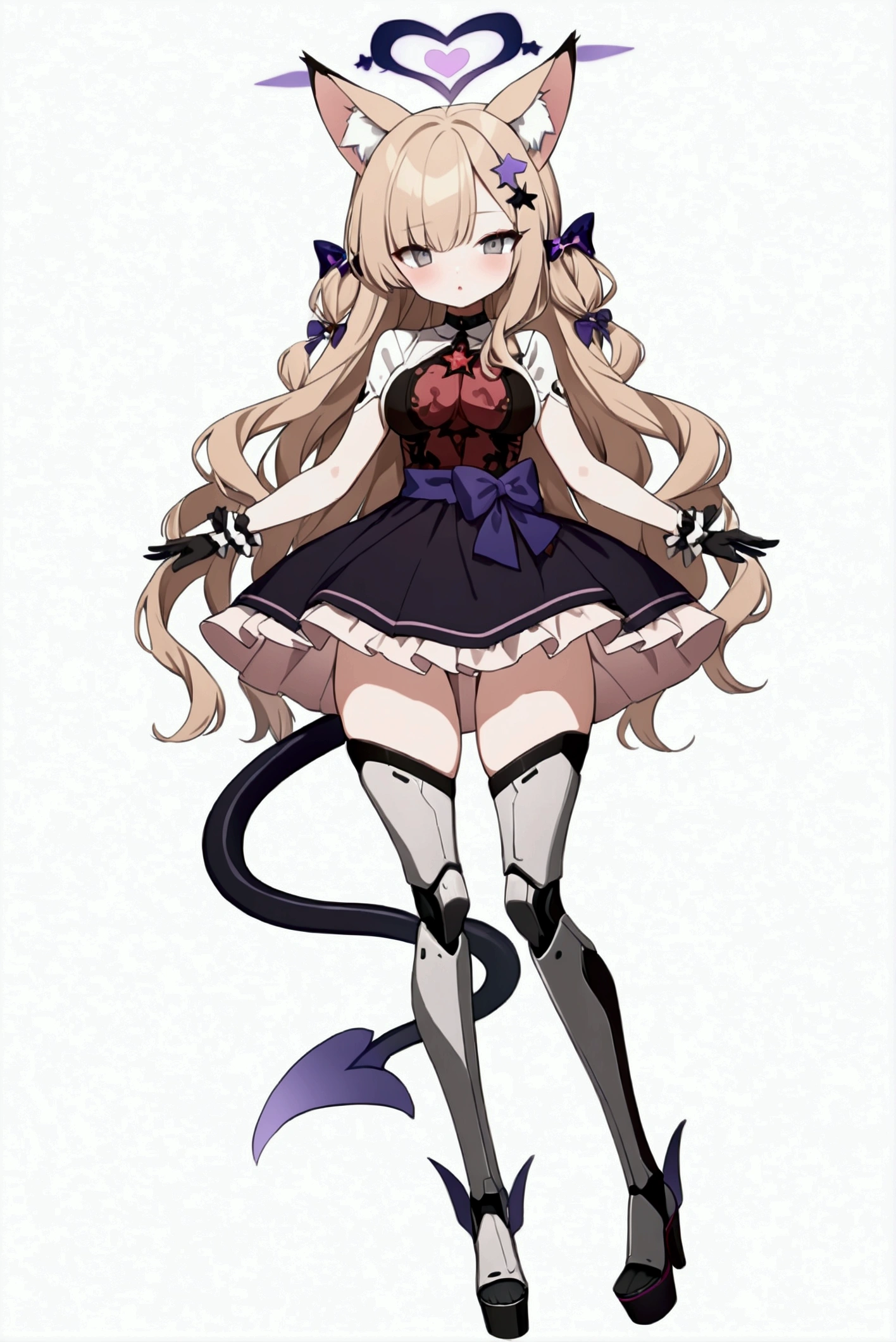 woman 170 cm tall, medium chest, wide hip, slim build, charming look, ((whole body)), (((character design sheet: front view))), (dark blonde hair, ((hip length wavy hair, asymmetrical bangs, star hairpin)), (She has a short braid tied with an elegant purple ribbon on the left side of her hair above her chest), (She has a short braid tied with an elegant purple ribbon on the right side of her hair above her chest), small hair bows at the back of your hair.), ((Gray eyes with a pink 4-pointed star in the pupil.)), (Two black and purple fox ears located on the top of the head.), (Luminous black horizontal halo with purple star patterns above head), He has a black collar with a heart emblem on his neck., (Elegant long one piece dress, Thigh-length lace and ruffle skirt, large bow at the back of the hip, ribbon decorations and star patterns on the dress), black ruffled gloves, Black platform heels, gray belt at the waist with a large ribbon with a luminous pink heart in the middle, ((It has a small succubus tail that ends in the shape of a heart.)), (((It has complex mechanical legs that reach up to the thighs., black color with small red and purple details.))), extremely detailed beautiful hair, beautiful detailed dress, extremely detailed arms, extremely detailed face, (Extremely detailed hands), perfect hands, small face, Beautiful detailed eyes, beautiful detailed lips, adorable, extremely detailed legs, (Best Quality, 4k, high resolution), ultra detailed, Exquisite and epic character art, ((White background)), (Focus on symmetry).