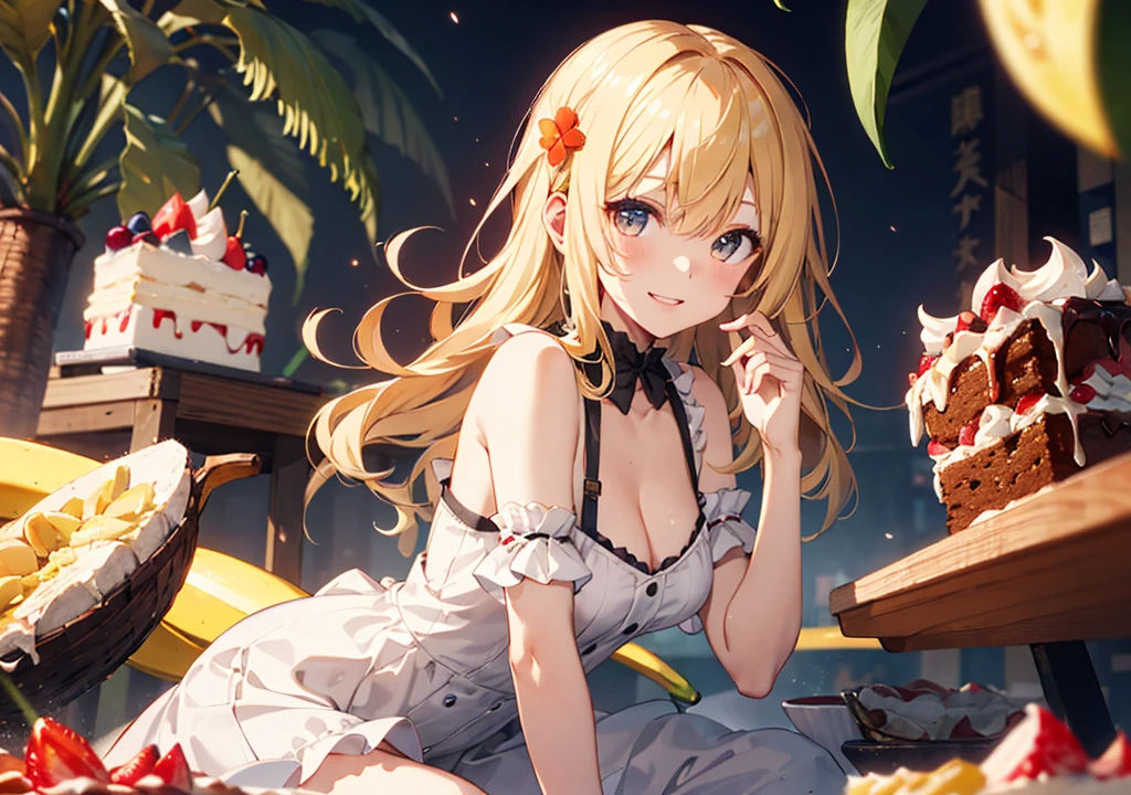Realistic photos, Focus distance 10mm, Red and white, A big smile, Beautiful girl, Realistic photos, Focus distance 10mmで撮影, masterpiece, 最high quality, high quality, Very detailed CG 8k wallpaper unit, Award-winning photography, Depth of written boundary, High resolution, bloom, chromatic aberration, Realistic, Very detailed, Art Station Trends, CGsociety Trends, Complex, High detail, dramatic, volumetric lighting, Banana Split Cakeが擬人化された美少女, Yellow Hair, A dress with colorful toppings, Banana Tree, Banana Split Cake