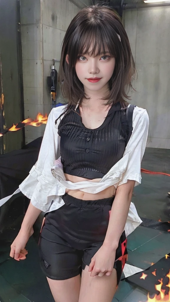 (extremely detailed CG unity 8k wallpaper),(masterpiece), (best quality), (ultra-detailed), (best illustration),(best shadow), (sharp eyeliner, eyeshadow, detailed eyes:1.1), (flames, smoke:1.3), ,BREAK, (vector:1.2), evil smile,