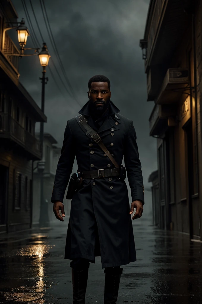 isaiah:A black man with a black scruffy beard:1.1) civil war times, civil war clothes, (intensely focused gaze, piercing eyes) (detailed facial features, defined nose and lips) (Threatening atmosphere) (dark shadows and dramatic lighting) (hight contrast:1.1) (gritty texture) (intense and suspenseful:1.1) (full of action) (dynamic composition) (cinematic vibe) (Shallow depth of field) (dramatic bokeh) (film noir style) (dark, moody color palette) (captivating and mysterious) (night setting) (Urban setting) (rain-soaked streets) (Tense and suspenseful atmosphere:1.1) (impacto emocional) (intense narrative) (provocative and thought-provoking) (impressive and impactful) (work of art:1.2), (high resolution:4K), (realisitic:1.37), (proffesional)(scene walking in the civil war times in soldier attire)