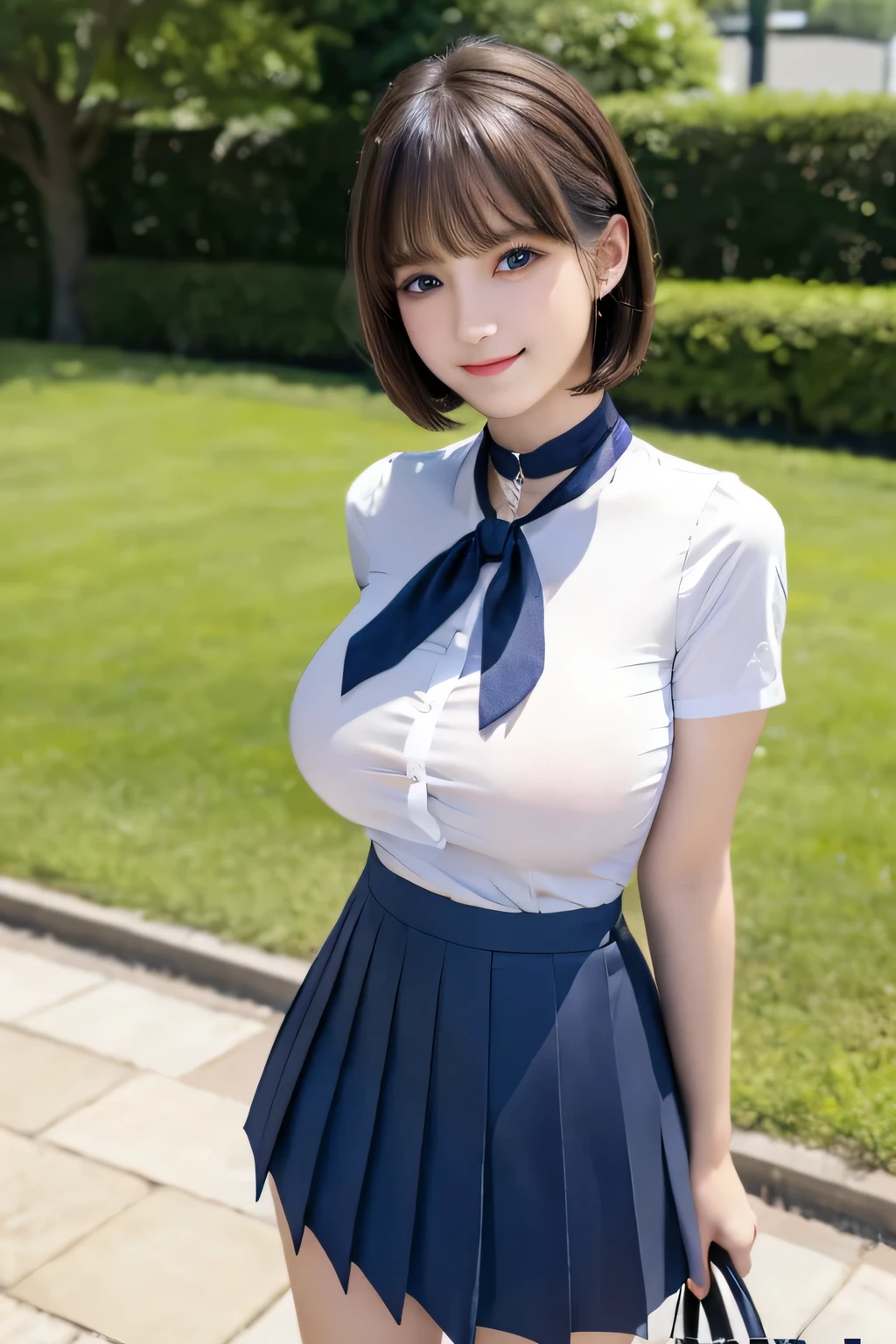 Highest quality, masterpiece, Idol Group、((Layered Haircut)),（8k，Highest quality），Full Body Shot，Shot from medium distances，student，Tight white open-neck shirt、Wear a navy blue pleated mini skirt，Full body photo、 Adorable，smile, Light brown hair， 32k, Best image quality，Ultra-high resolution，Perfect hands，Black choker、blue eyes、bangs、Very profuse and very long eyelashes、uniform, grass、garden、Summer clothes、((Big Breasts))、