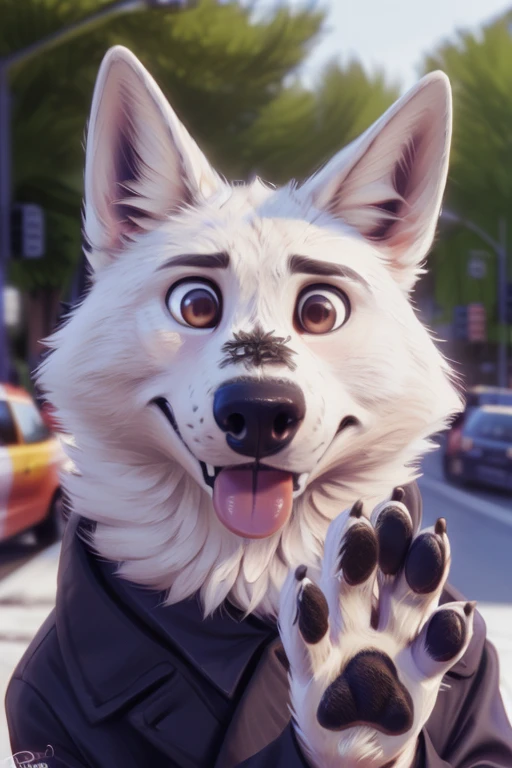 POV oral sex, cum, feral sheep, female, hand on head, blush, pleasured, tongue out, mouth open, on the street, in public, everyone watching