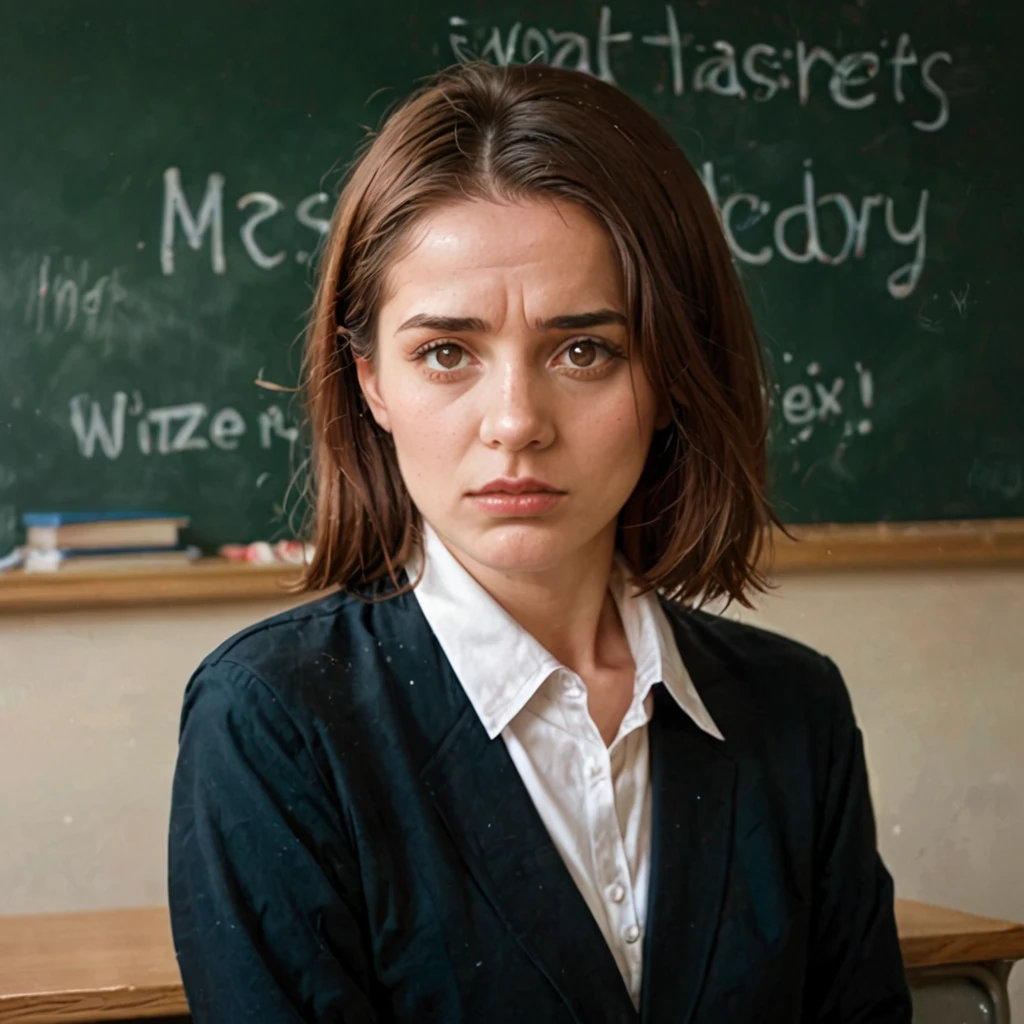 french language teacher, medium length brown hair, striking hazel eyes, skinny and slender, short miniskirt, nervous energy, art 50s style, modern classroom environment, has perfect hands photorealistic, masterpiece, ultra detailed, low light (soft light, sharp), moody lighting.