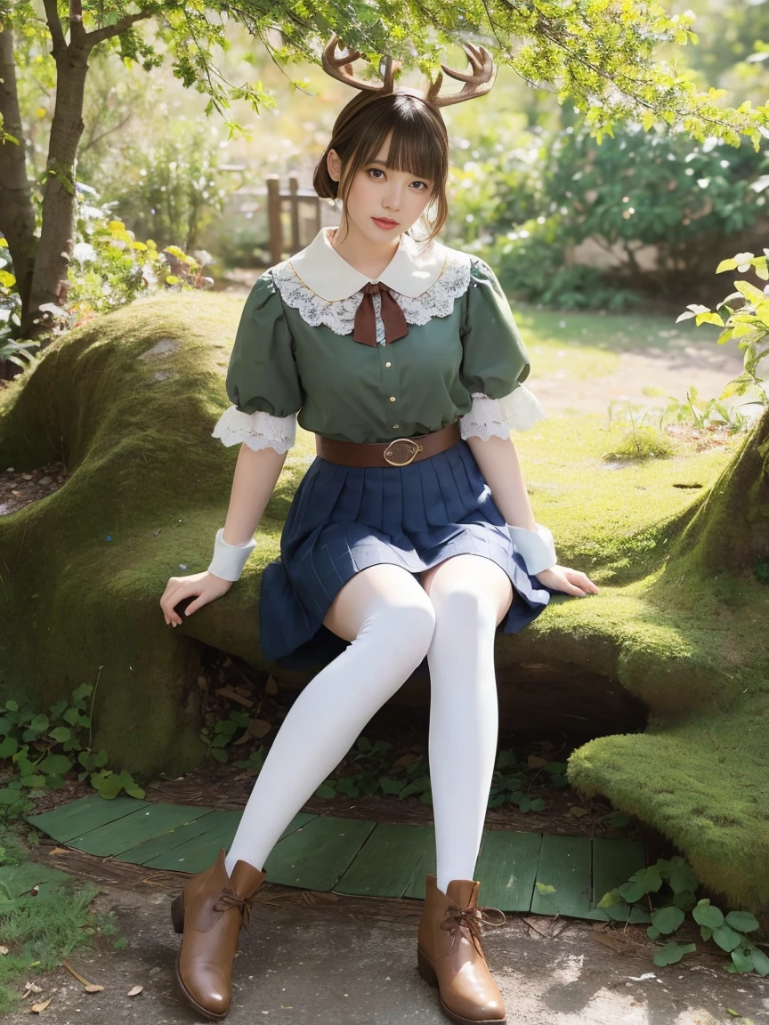 (1woman), short bob, 28 years old, Japanese, brown eyes, brown hair, slim figure, flat chest,
Blake
//Fashion
High school girl in an enchanted forest
The elegance of a Japanese high  with whimsical elements inspired by deer, the outfit features a traditional navy blue pleated skirt that reaches mid-thigh, paired with a white blouse with a sailor collar decorated with delicate leaf embroidery in earth green, the blouse has puff sleeves for added femininity, the waist is tightened with a brown leather belt that imitates a forest ranger utility belt, and a navy blue tie with a small gold leaf pendant around the neck,
Blake
A realistic and delicately curved deer antler headband, accented with small flowers and moss for a fairy-tale feel, white knee-high socks with lace trim and brown ankle boots decorated with a leaf pattern,